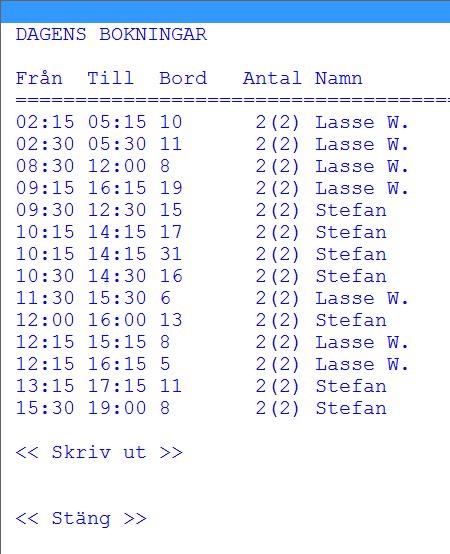 3) Klicka på << Stäng >> för att stänga fönstret Utskrift av dagens bokningar (Funktionsmeny) 1) Välj