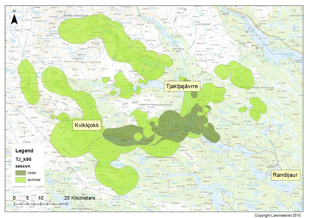 bestämma vilka av GPS positionerna tillhör älgarnas vinterområden och respektive deras sommarerområden, analyserade vi älgarnas förflyttningar över året.