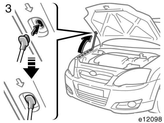 50 NYCKLAR OCH DÖRRAR Tanklock 3. Ställ upp motorhuven genom att sätta in stödstaget i urtaget i huven. För stödstaget rakt uppåt för att kunna placera det i urtaget.