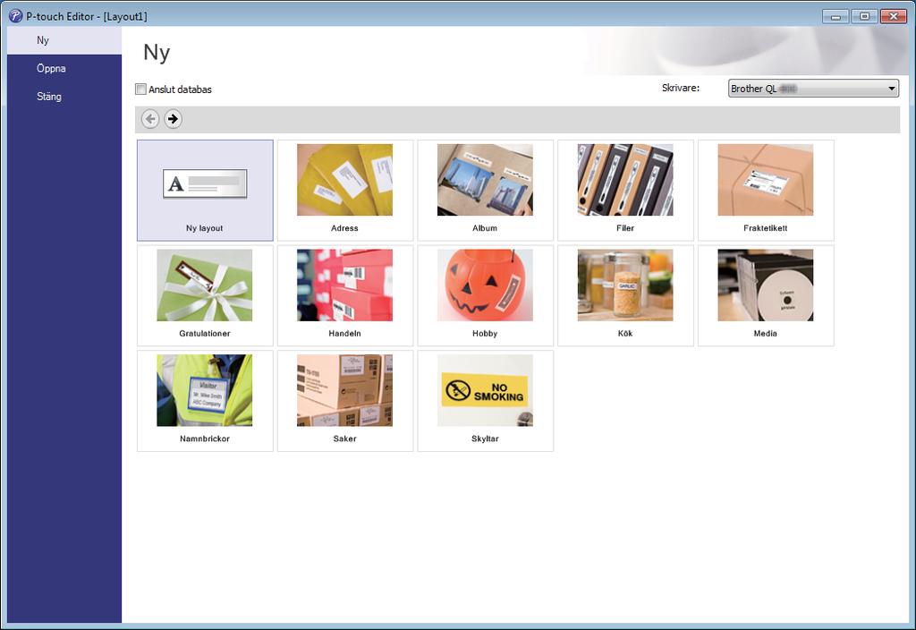 Använda P-touch Editor 3 Välj ett av de alternativ som visas: 4 3 1 2 6 1 Om du vill skapa en ny layout dubbelklickar du på [Ny layout] eller också klickar du på [Ny layout] och sedan på [ ].