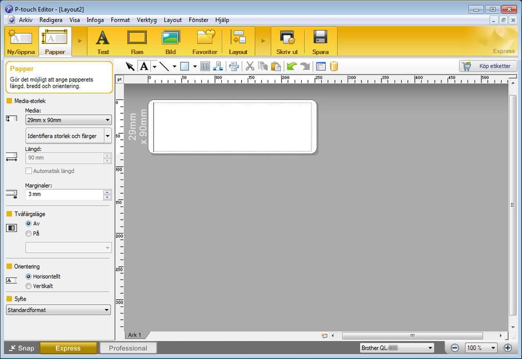 Använda P-touch Editor Skriva ut med P-touch Editor 6 Expressläge I detta läge kan du snabbt skapa layouter som innehåller text och bilder.