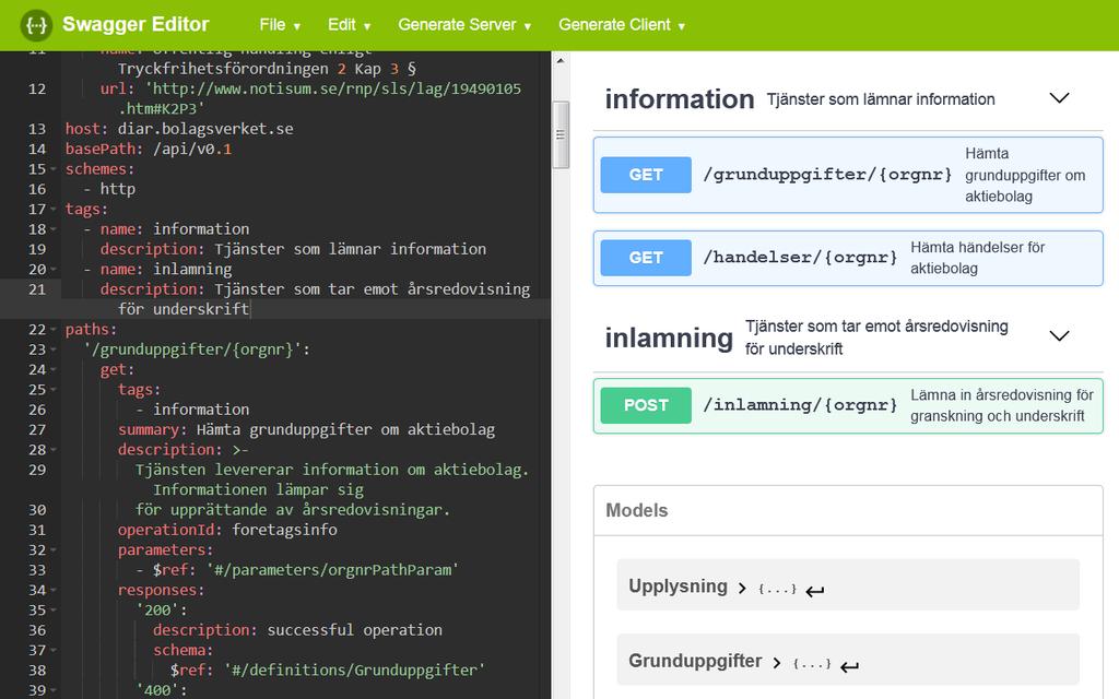 Genomgång tjänstespecikation OpenAPI/Swagger har en editor: NodeJS Lokal http-server Kan