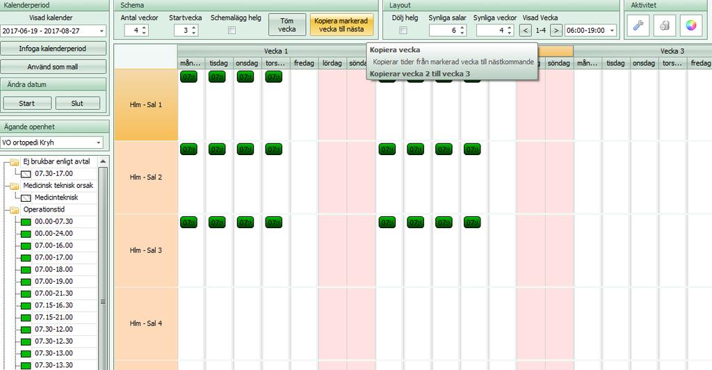 Du har nu en exakt kopia av det pågående schemat. Gör dina förändringar. Är det stora förändringar kan man välja att tömma schemat för att sedan lägga tiderna och kopiera till kommande veckor.