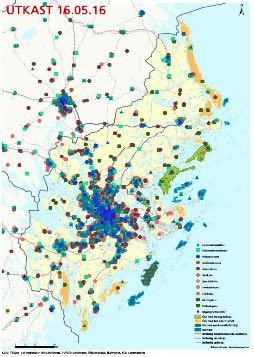 Figur 9: Geografisk fördelning av serviceställen I tätortsnära landsbygd är tillgängligheten till arbetsplatser mer än dubbelt så hög som i övrig landsbygd, både med bil och med kollektivtrafik.