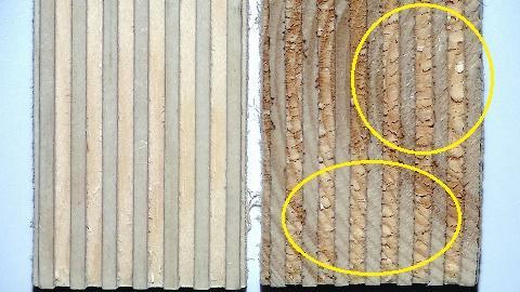 4.3.1 Brottyta på bearbetad yta Vid bearbetning parallellt med fibrerna 90-0 har eggen en god kontroll över träbrottsprocessen och det är verktyget som genererar den bearbetade ytan.