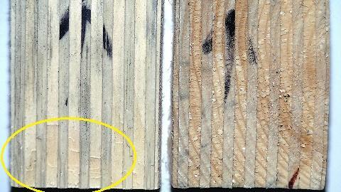4.7 Omgång 7 Variationer: Skärriktning 90-0, 90-90 Spånvinkel 30 Skärdjup 0,2 mm 4.7.1 Brottyta på bearbetad yta Bearbetningsytan, parallellt med fibrerna 90-0, för den här omgången gav en dålig