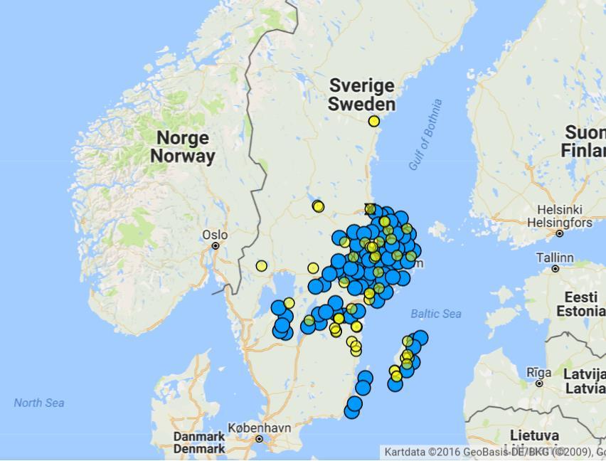 Fig. 11. Nationell utbredning av säfferot (Artportalen 2016-08-29) Övriga noteringar Av övriga rödlistade arter i området hör de båda ädla lövträden ask och alm.