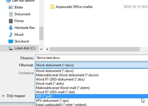 Spara text - Ångra Spara som PDF Numera kan du spara dokument i PDF-format direkt i Word 1. Menyfliken Arkiv 2. Välj Spara som 3.