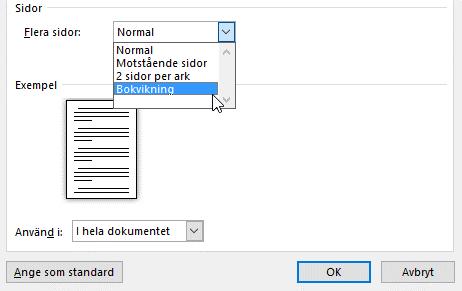 Format - Bokvikning Bokvikning När du vill skapa A5-häften ställer du in liggande format och markerar Bokvikning i rutan Flera sidor. Då håller programmet reda på sidnumreringen.