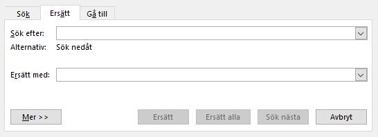 Mycket användbart är möjligheten att söka efter Format eller Special. Några exempel: Om någon ofta har skrivit dubbla mellanslag, kan du söka och ersätta dem med enkla mellanslag.