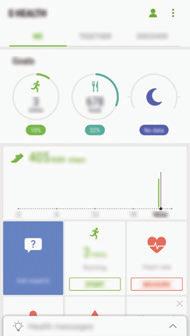 Program Använda S Health Du kan visa den viktigaste informationen från S Health-menyer och spårare för att övervaka ditt välbefinnande och din kondition.
