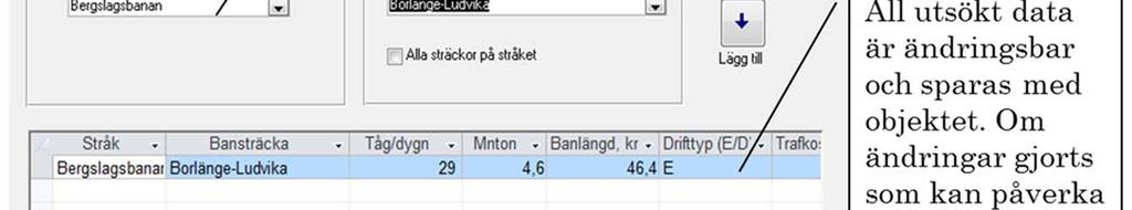 Resultatet av utsökningen från godsprognosen kan editeras i tabellen.