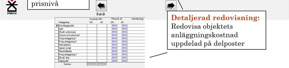 Möjlighet finns att ange anläggningskostnaden som total anläggningskostnad eller uppdelad på delposter.
