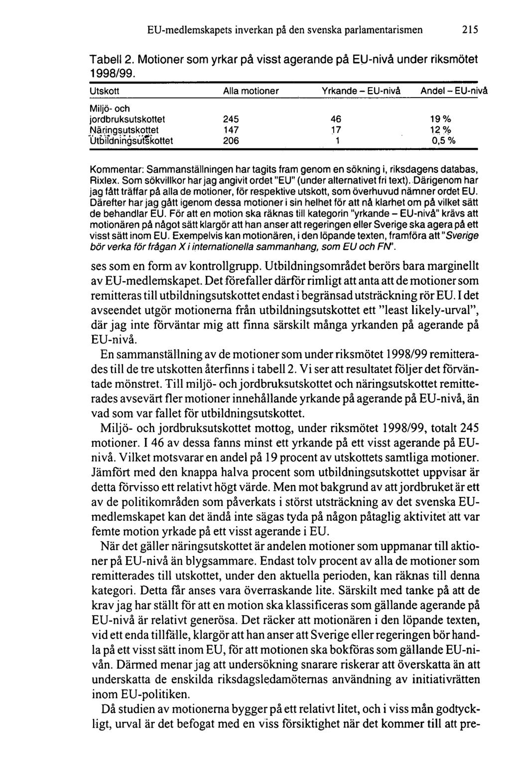 EU-medlemskapets inverkan på den svenska parlamentarismen 215 Tabell 2. Motioner som yrkar på visst agerande på EU-nivå under riksmötet 1998/99.