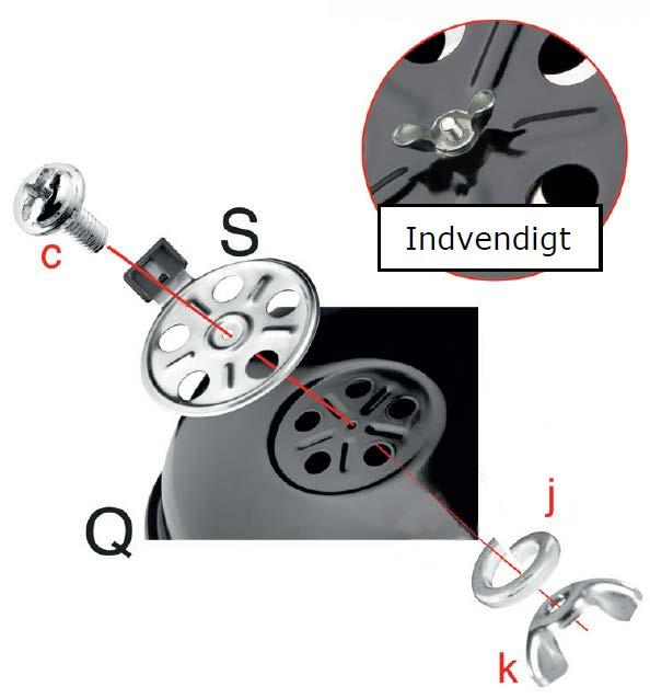 värmeskyddet (R1) med de två skruvarna (b), två vingmuttrar M6 (g) och skivorna (d). Invändigt Invändigt 2.