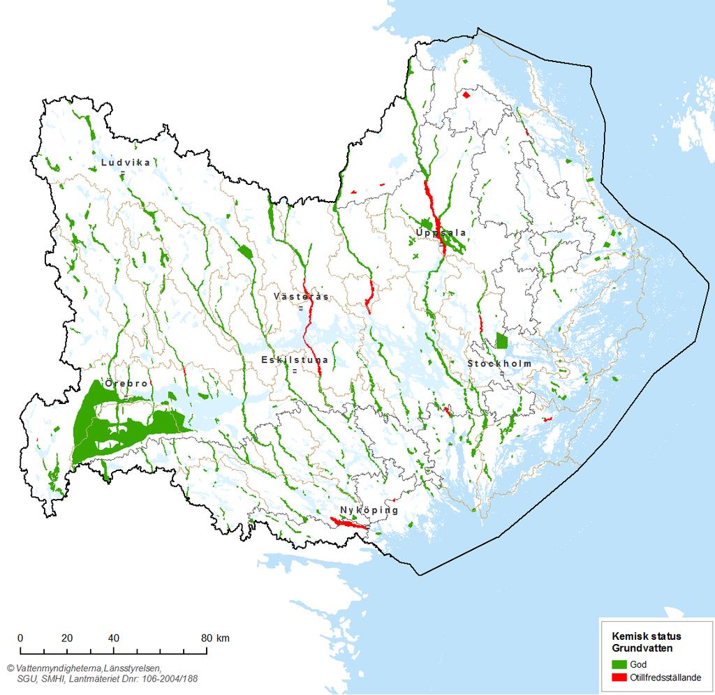 Kemisk grundvattenstatus 2014 Otillfredsställande status i 3% av förekomsterna (17 st)