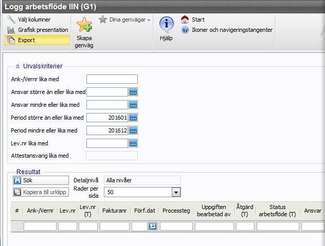 Logg arbetsflöde IIN I Logg arbetsflöde IIN kan urval göras på de parametrar som bilden visar.