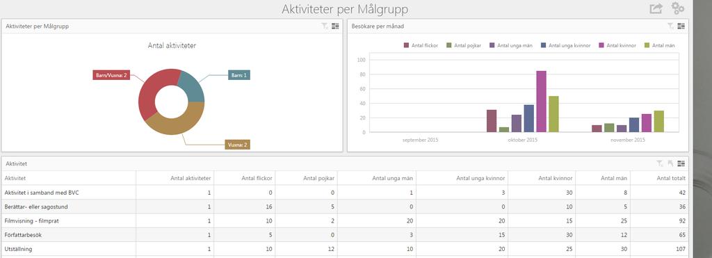 Här redovisas program totalt per målgrupp i cirkeldiagram, programbesökare per målgrupp och månad i stapeldiagram, samt detaljerad