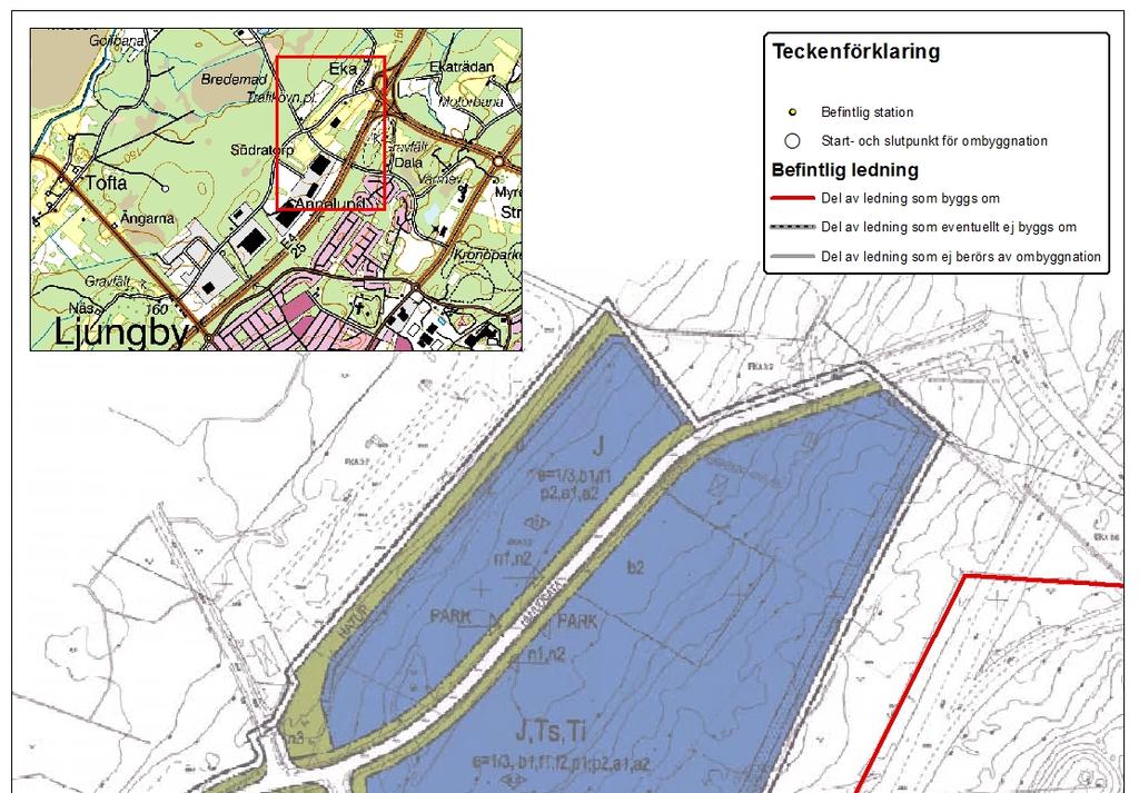 Figur 14: Kartan visar detaljplanelagt område Nordvästra industriområdet. Den röda linjen markerar befintliga luftledningen.