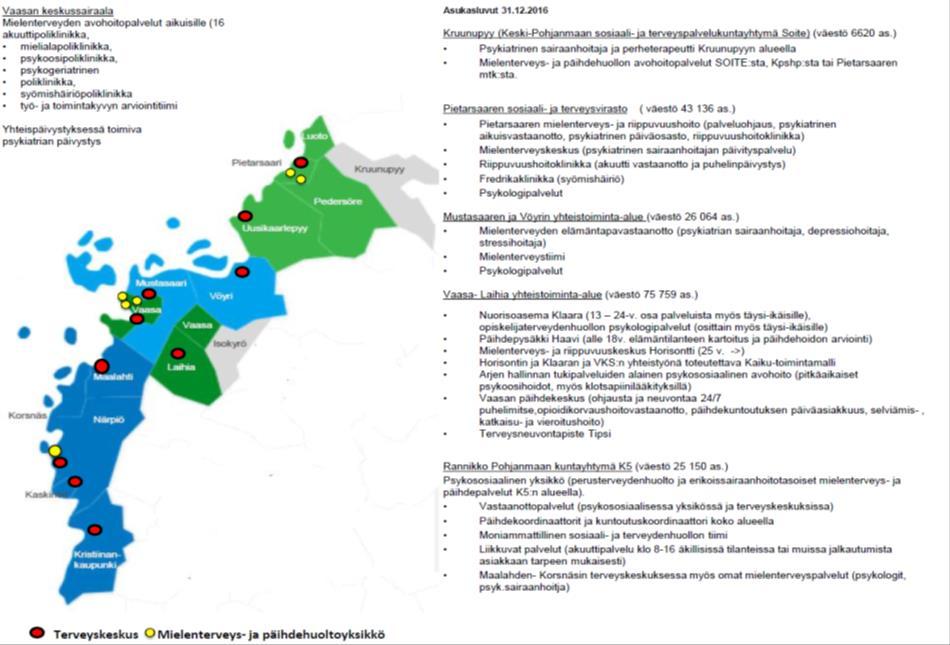 Figur 1. Utvecklingen av öppenvårdens fokus inom psykiatrin i VSVD. För år 2017 är siffrorna en prognos utifrån månaderna 1-3 av det pågående året. 2.1. Mentalvårds- och missbrukarservice Mentalvårds- och missbrukarvårdsservicen i Österbotten har presenterats i figur 2.