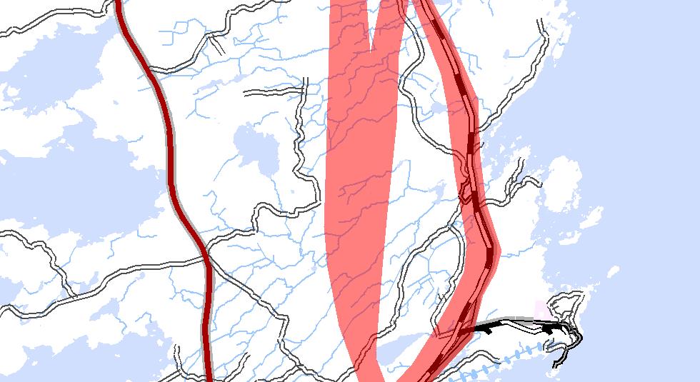 Längs befintlig bana tas mark för att möjliggöra kurvrätningar (på den västra sidan) norr om Axmarby, väster om Axmar bruk söder om Sillvik, söder