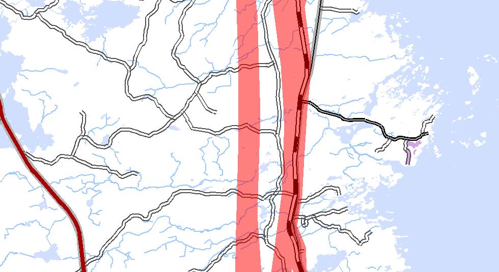 Ny sträckning i väster kan passera Skärjån antingen väster om Lillsjön eller väster om Nydammen.