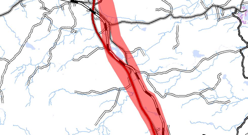 Korridoren breddas främst på östra sidan om befintlig järnväg norr om ån. Västlig korridor dras intill (och möjligen över) väg E4, väster om Masksjön och Harsjön.