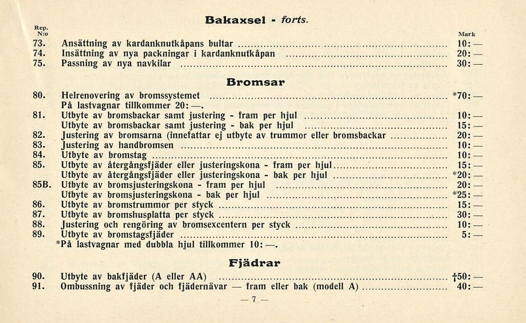 fram bak fram bak fram fram bak Rep. Bakaxsel forts. 73. Ansättning av kardanknutkåpans bultar 10: 74. Insättning av nya packningar i kardanknutkåpan 20: 75. Passning av nya navkilar 30: Bromsar 80.