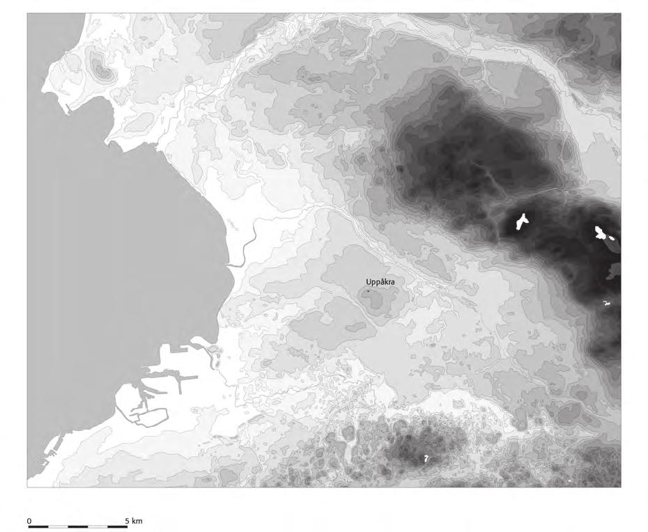 Figur 5. Topografisk karta över Lundaslätten (Från Larsson 1998, fig. 2). Uppåkraboplatsens topografi År 1996 inleddes en systematisk metalldetektorundersökning av boplatsen i Uppåkra.