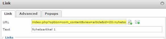 Nu fyller Joomlasystemet automatiskt i URL:en med en länk till Nyhetsartikel 1.