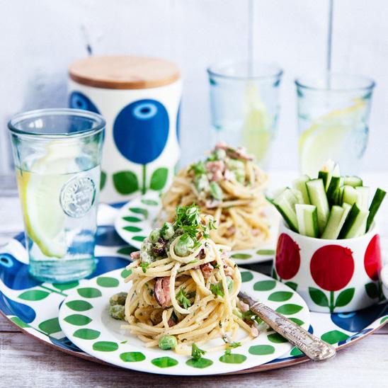 Kycklingspett med ananas och sweet chiliyoghurt Recept 4: Krämig pasta med skinka