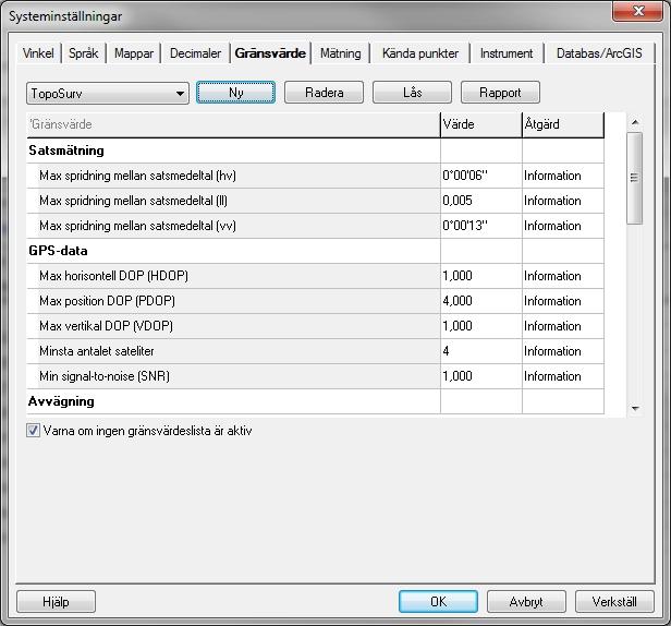 TopoSurv svensk manual Gränsvärde Systeminställningar Flik: Gränsvärde Ange om gränsvärdeslista ska användas eller inte och vilka värden som ska användas för gränsvärden.