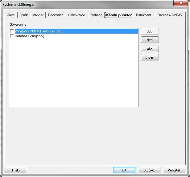 TopoSurv svensk manual Kända punkter Systeminställningar Flik: Kända punkter Kända punkter kan definieras från olika källor, se