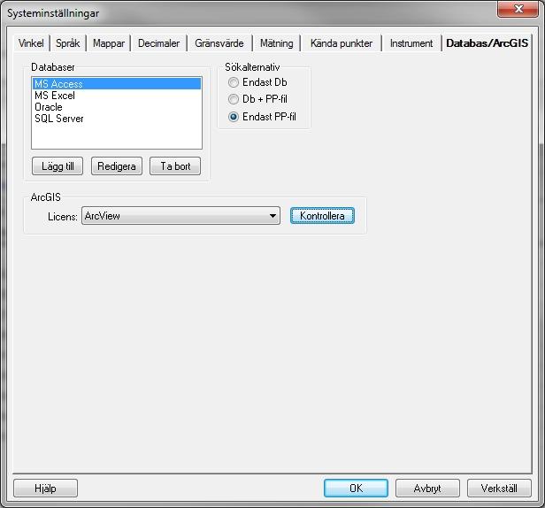 TopoSurv svensk manual Databas/ArcGIS Systeminställningar Flik: Databas/ArcGIS Här väljs dels vilken ArcGIS-licens som ska användas och om man vill använda en eller flera