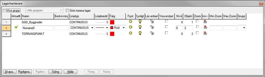TopoSurv svensk manual Lagerhanterare Visa Lagerhanterare Mätskissen byggs upp med lager. Lager kan ha en beskrivning, linjetyp, linjebredd och färg.