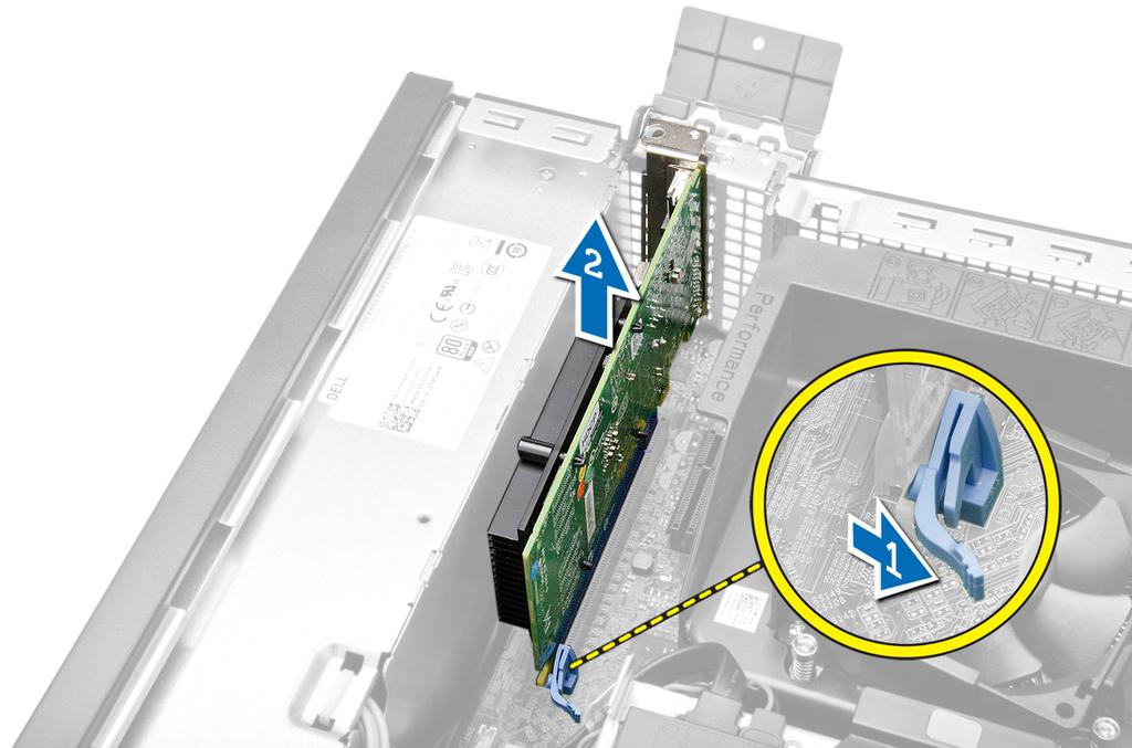 6. Dra försiktigt bort frigöringsspaken från expansionskortet tills du frigör säkringsfliken