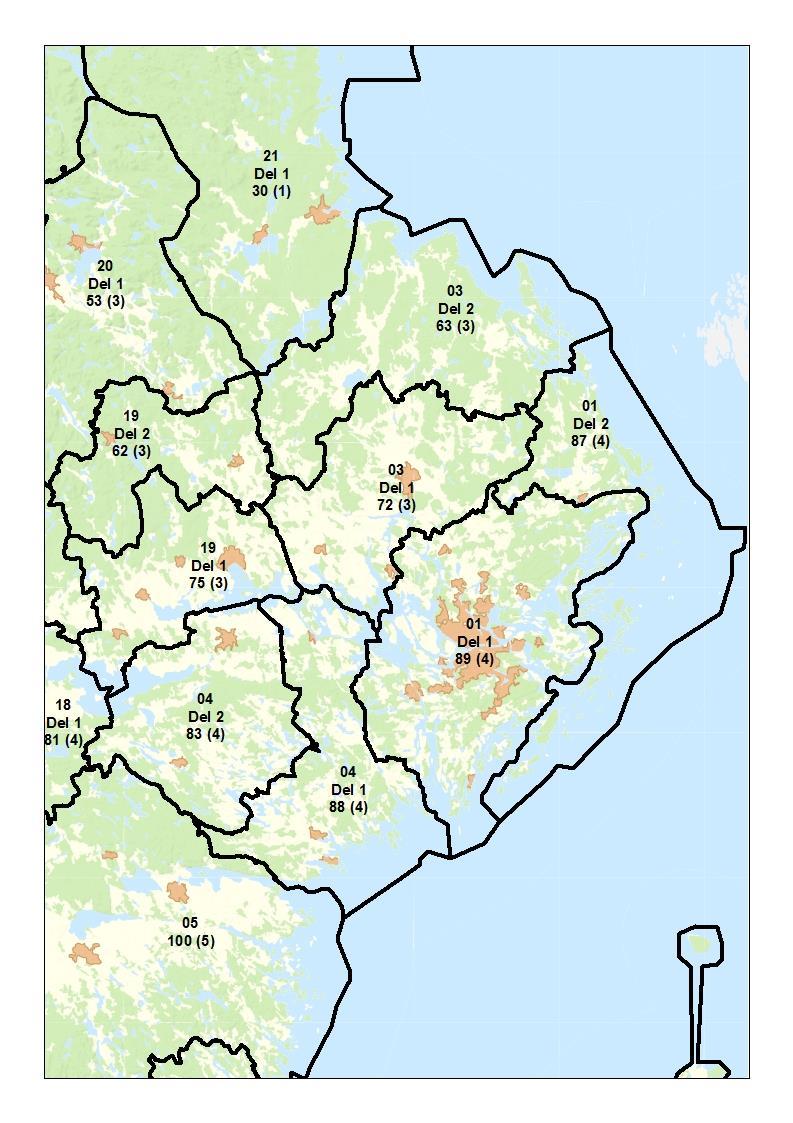 Län: Stockholm (01), Uppsala (03), Södermanland (04), Västmanland (19). Skogsmark tusen kr/ha.