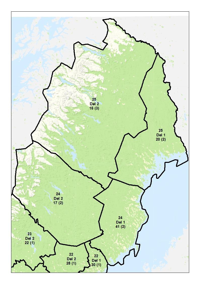 Län: Västerbotten (24), Norrbotten (25). Skogsmark tusen kr/ha.