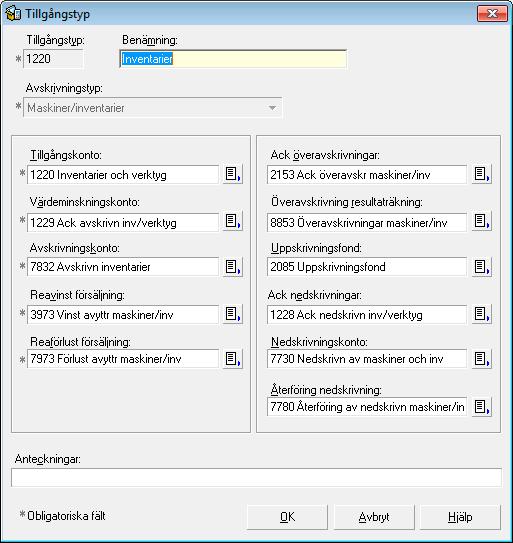 Från registret Tillgångstyper hämtas dessutom de obligatoriska uppgifterna för hur konteringar ska ske vid exempelvis avskrivningar och försäljning av tillgångar.