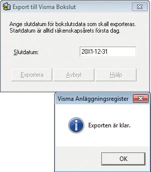 Du kan välja att exportera uppgifter från anläggningsregistret till en fil och därefter importera den till Visma Bokslut.