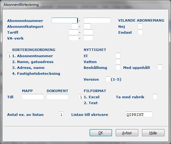 48 Abonnentdebitering 5.1.2 Inmatningsfält Om något urval utelämnas t.ex. abonnentnummer, skrivs alla abonnemang med hänsyn tagen till övriga urval.
