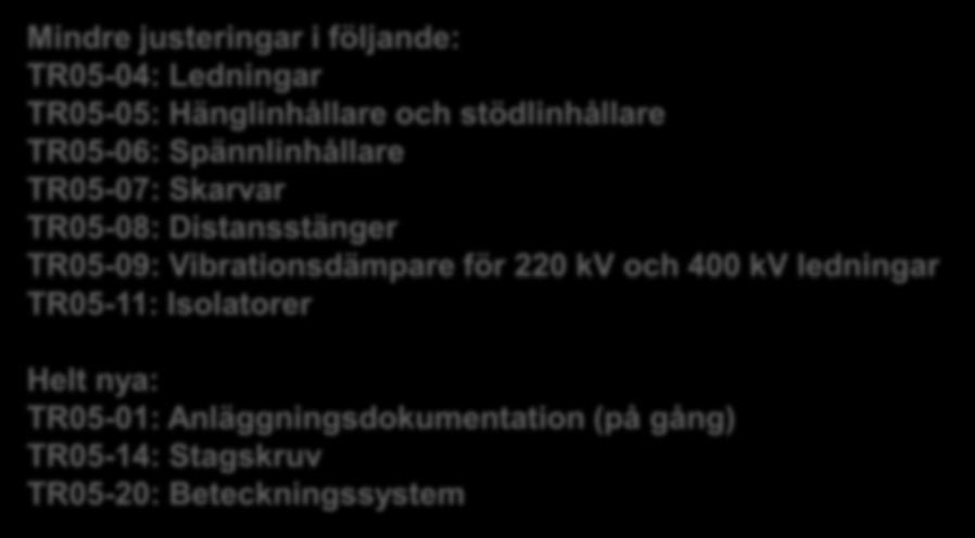 följande: Skruvklämmor av luftledningar för ledare i utomhusställverk TR13-04-01: TR05-04: Krav Ledningar avseende miljö och hälsa TR05-05: