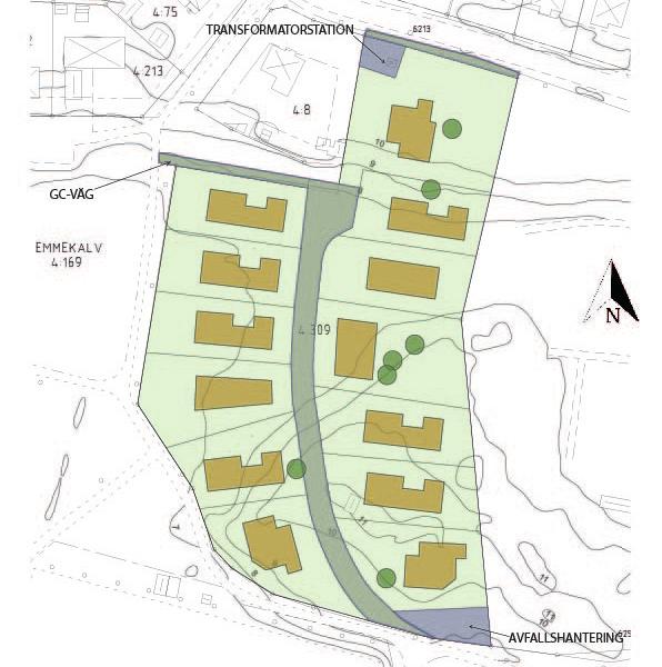 ANTAGANDEHANDLING DETALJPLAN FÖR EMMEKALV 4:309 OCH DEL AV EMMEKALV 4:169 ALTERNATIV 1 - FRILIGGANDE ENFAMILJSHUS (VILLOR) Illustrationen nedan visar ett exempel på hur området kan se ut om det byggs