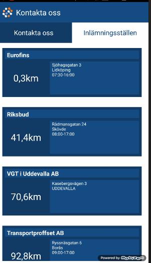 Under Kontakta oss finns även fliken Inlämningsställen där du hittar närmaste Eurofins-kontor eller