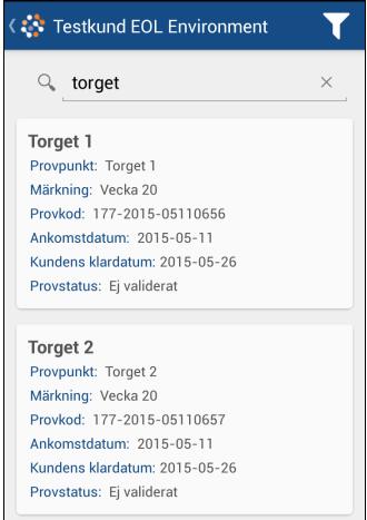 Fritextfilter - Här kan du söka fritt på t ex provpunkt eller provmärkning. För att ändra datumintervall, välj avancerat filter.