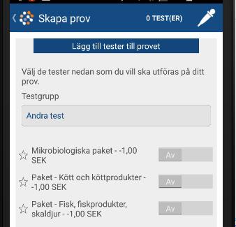 8.3 Steg 5 - Lägg till tester till provet 1. Välj från vilken testgrupp (favoriter, andra test och kundpaket) 2.