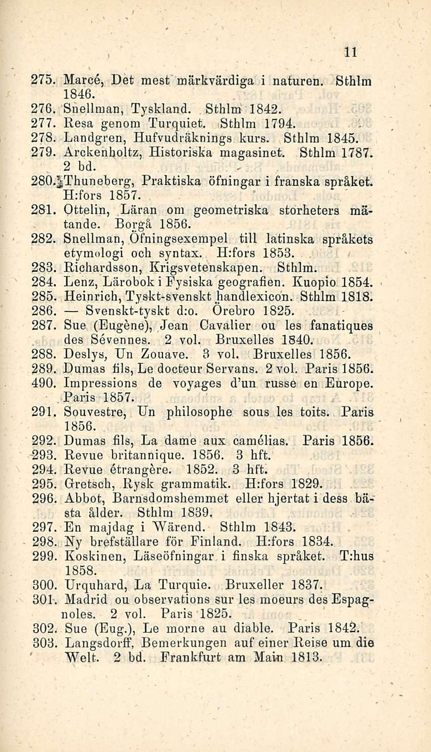 275. Marce, Det raest märkvärdiga i naturen. Sthlm 1846. 276. Snellman, Tyskland. Sthlm 1842. 277. Resa genom Turquiet. Sthlm 1794. 278. Landgren, Hufvudräknings kurs. Sthlm 1845. 279.