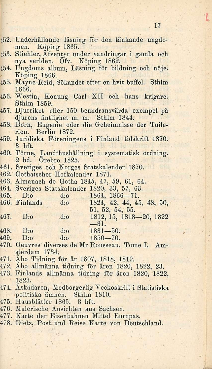 452. Underhållande läsning för den tänkande ungdomen. Köping 1865. [53, Stiehler, Afventyr under vandringar i gamla och nya verlden. Öfv. Köping 1862.