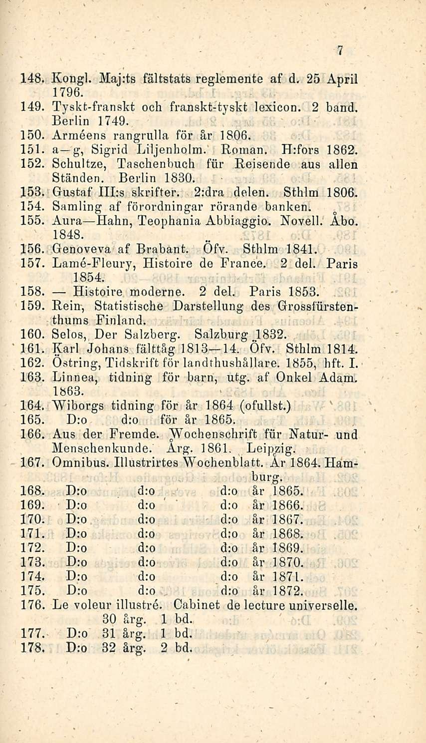 148, Kongi. Maj:ts fältstats reglemente af d. 25 April 1796. 149 Tyskt-franskt och franskt-tyskt lexicon. 2 band. Berlin 1749. 150. Armeens rangrulla för år 1806. 151 a g, Sigrid Liljenholm. Roinan.