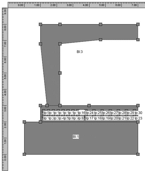 Ulriksdal Figur 4-2. Geometri för Antuna. Observera det stora antalet värmekablar. o Block 1: (0.000;0.000) - (7.000;0.000) - (7.000;2.000) - (1.000;2.000) - (0.000;2.000) o Block 2: (1.000;2.000) - (7.000;2.000) - (7.000;3.